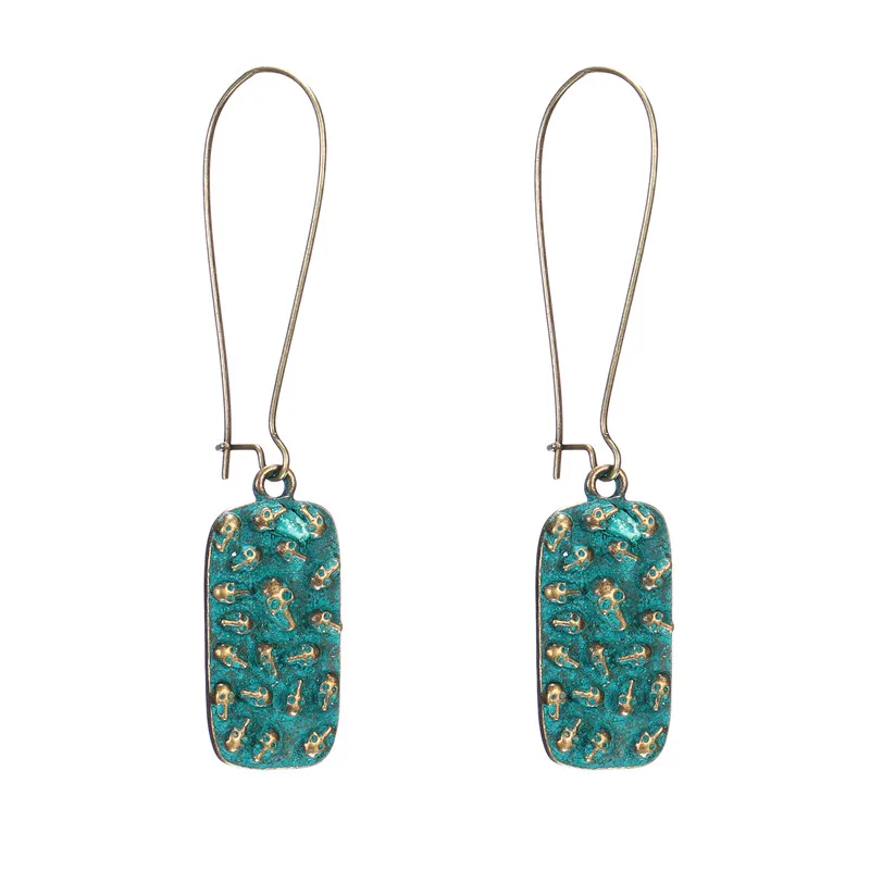 

2019 New Vintage rectangle bronze earrings Antique copper green Long fish hook earring for Women Charm Jewelry Gift