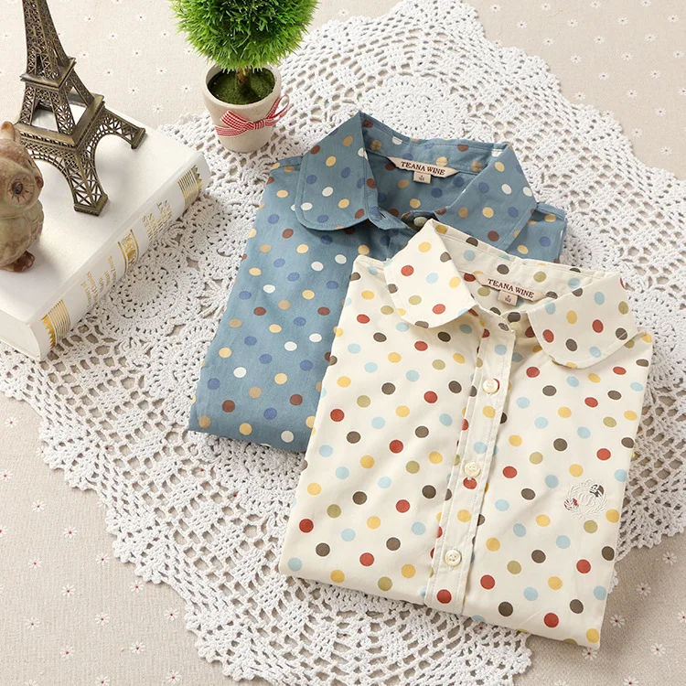 

2016 Fashion Polka Dot Blouse Long Sleeve Shirts Women Blusas Cotton Womens Shirt Red Dot Tops Chemise Femme Manche Longue