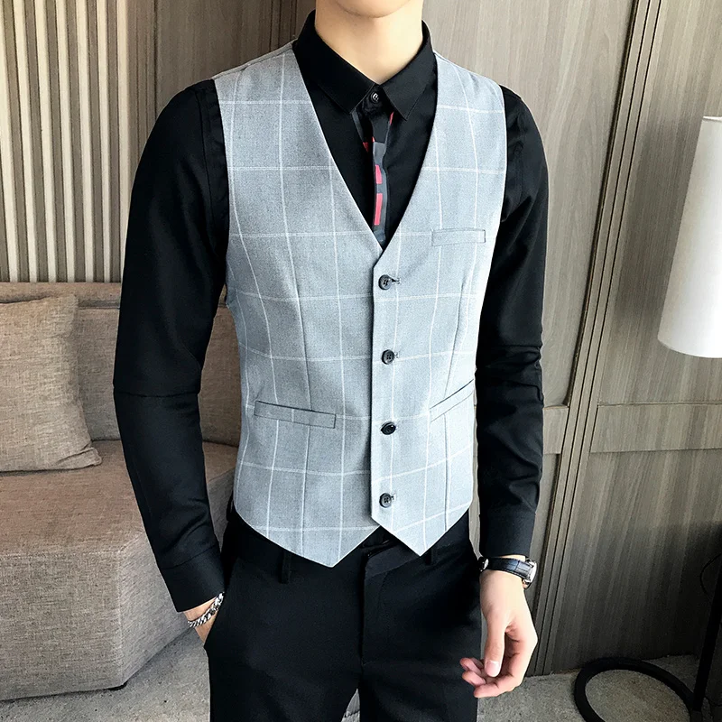 Men'S Fashion Trend Short V-Neck Single-Breasted Slim Suit Vest Party Casual Wedding High-Quality Plaid Vest Men'S Fashion Trend Short V-Neck Single-Breasted Slim Suit Vest Party Casual Wedding High-Quality Plaid Vest
