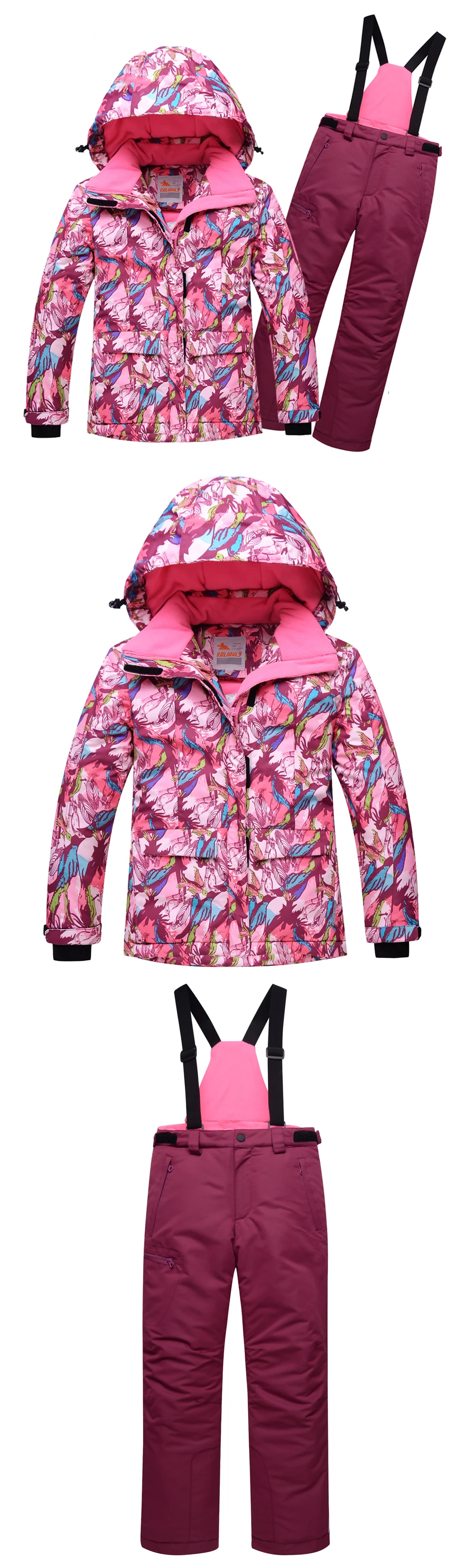 Детский лыжный костюм высокого качества для девочек, цельный зимний комбинезон, лыжная куртка, брюки, лыжный костюм для сноуборда, съемный капюшон