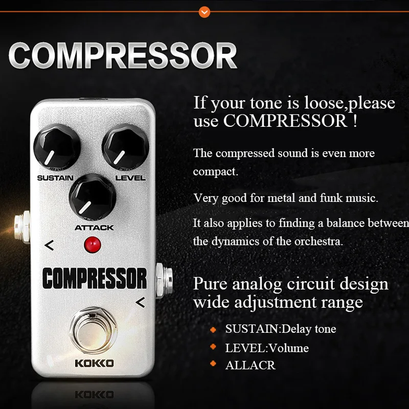 

KOKKO Mini Compressor Pedal Portable Guitar Effect Pedal 9V DC 300mA Musical Instruments Effects Anti-skid Aluminum alloy FCP2