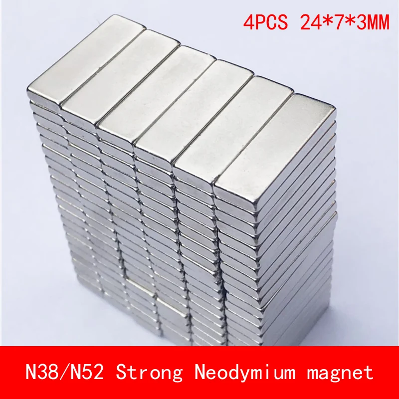 4 шт./лот, супер сильные редкоземельные полосы, 24x7x3 мм, Перманентный неодимовый магнит N52 N38 24*7*3 мм, поверхностная пластина из никеля