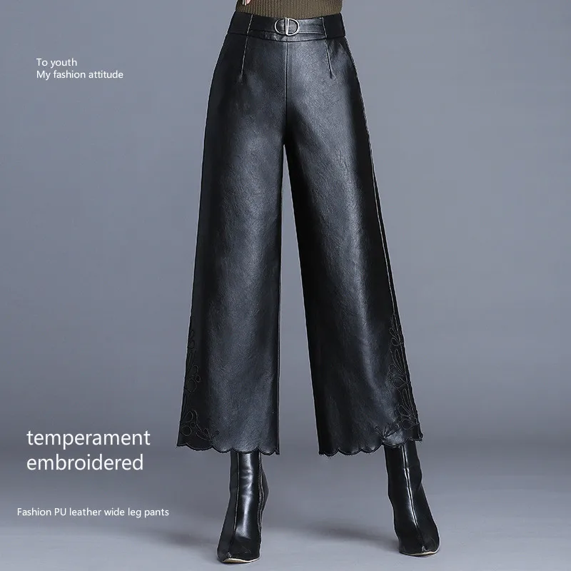 

2019 Autumn and Winter New Embroidered PU Leather Wide Leg Pants Women's Pants High Waist Casual Wild Fashion Women's Pants