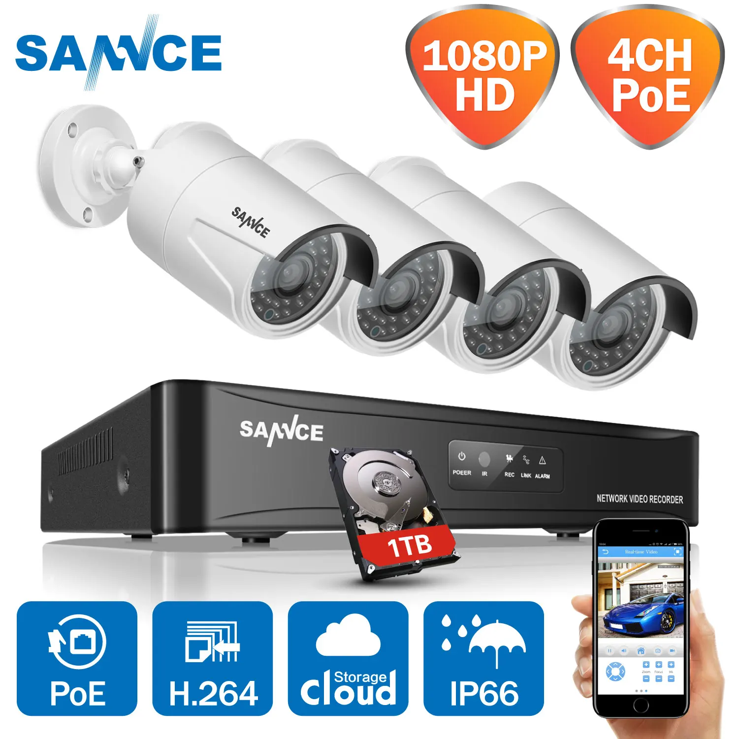 SANNCE 4CH HD 1080P HDMI P2P POE NVR 1TB HDD Surveillance System Video Output 4PCS 2.0MP IP Camera Home Security CCTV Kits