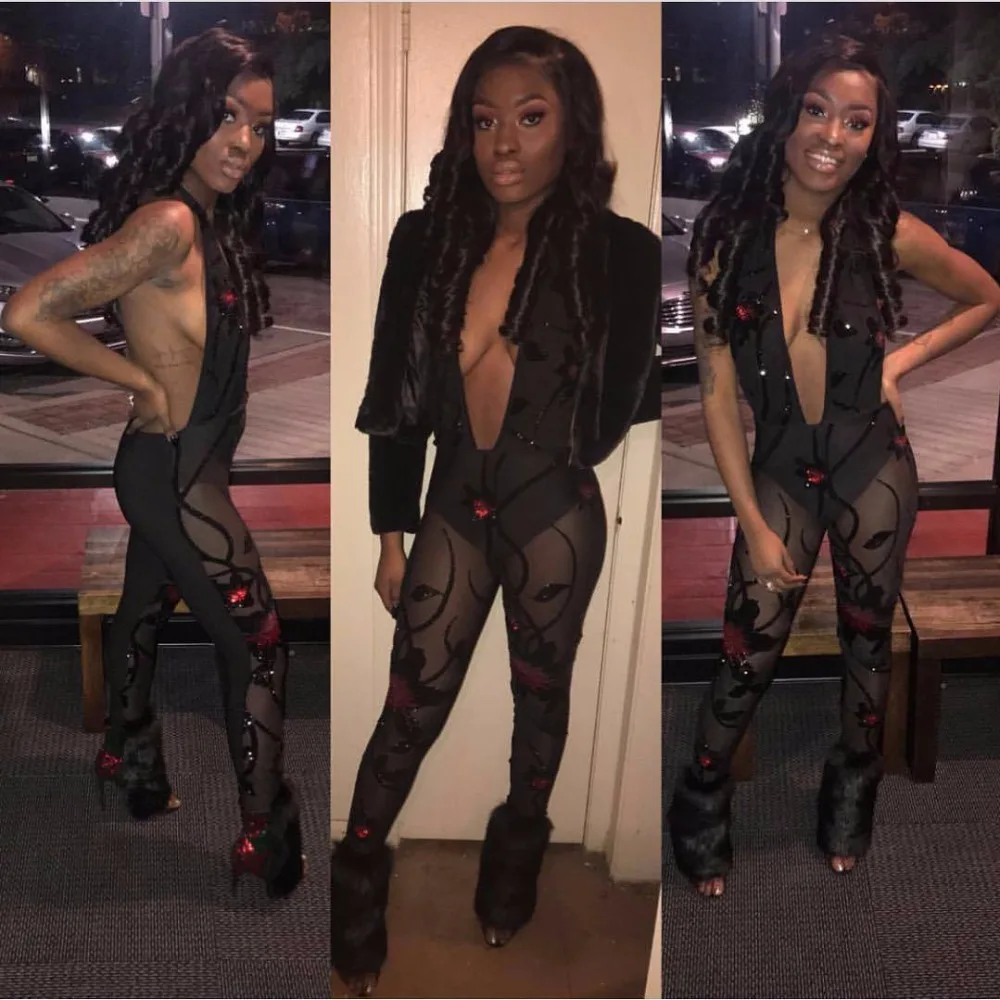 Backless Sequined Sheer Mesh Jumpsuit Women Deep V-neck Bodycon Bodysuits Club Costumes Overalls Jumpsuits and Playsuits