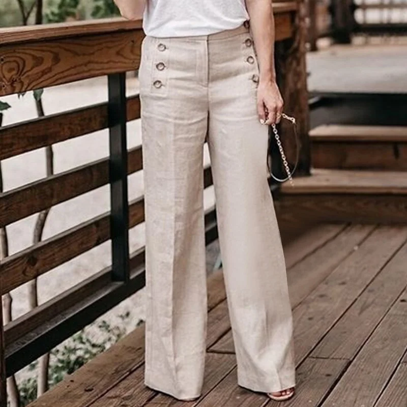 

Litthing Fashion Solid Bottons Loose Wide Leg Pants Trousers Women Femme Stretchy High Waist Casual Cotton Linen Pants Plus Size