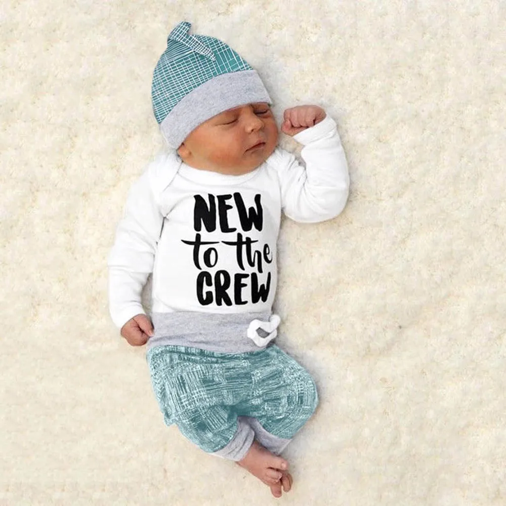 Male Girl Long Sleeve Letter Stripe Print Set Newborn Baby Boys Girls Striped Letter Print Tops+Pants+Hat Casual Set Clothes