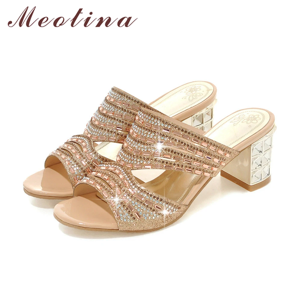 Meotina/дизайнерская обувь; женские роскошные шлепанцы с открытым носком на высоком каблуке; коллекция года; шлепанцы со стразами; летние шлепанцы; цвет золотой; размеры 9, 10, 11