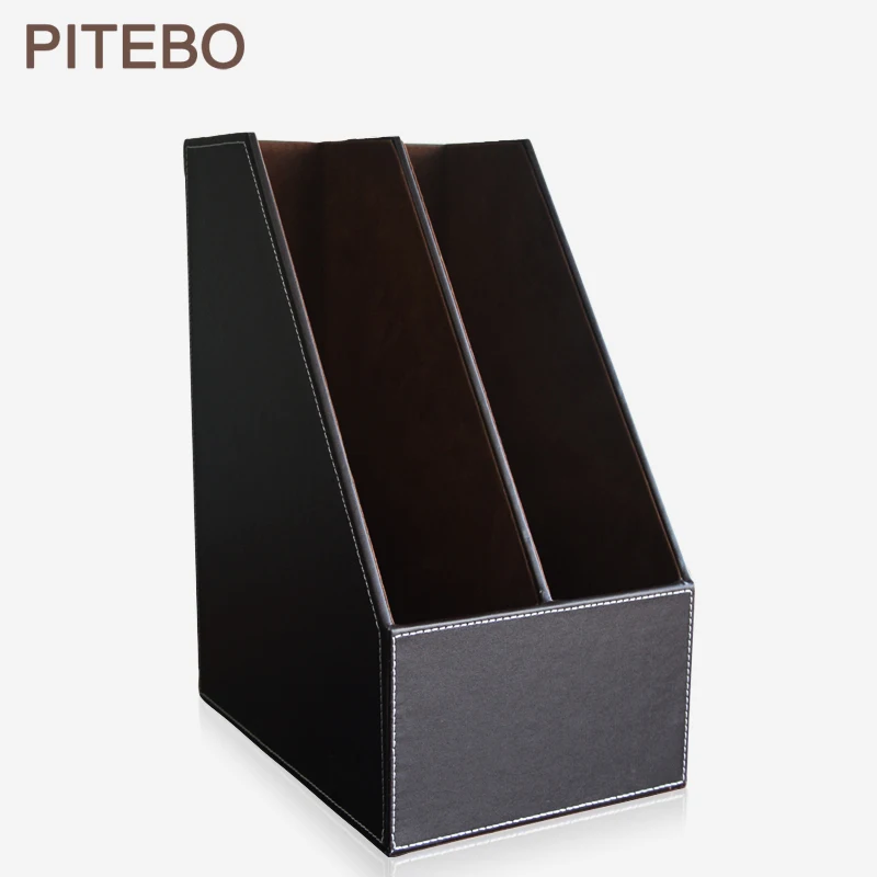 Pitebo 2 Slot Wood Leather Desk File Document Holder Tray Box