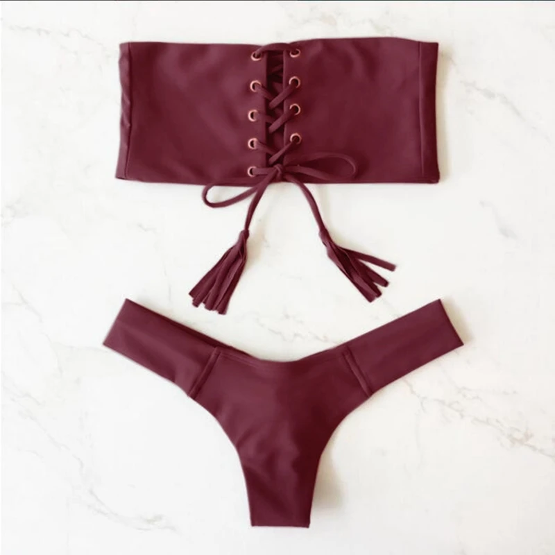 2018 Bikini Set Women Swimsuit Sexy Strapless Lace Up Swimwear (4)
