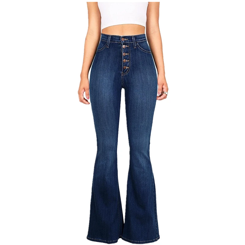 Ретро Высокая талия расклешенные джинсы для женщин высокая посадка колокольчик джинсы с кроем для женщин стрейч тонкий Клеш Джинсы ягодицы прикладом джинсовые брюки