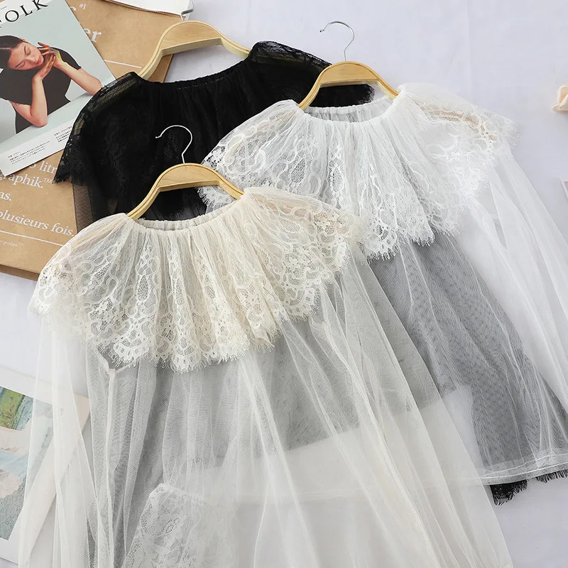 

Spring Women Flare Sleeve Ruffles Blouse Sweet Peter pan Collar Lace Shirt Female Long Sleeve Mesh Blouses Bottoming Tops AB1358