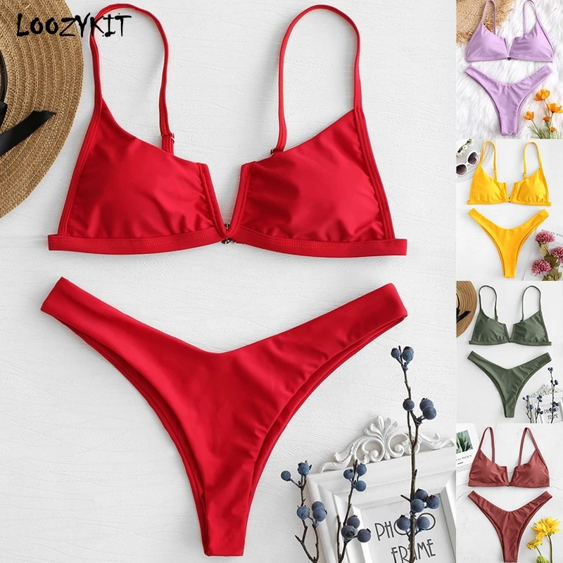 

LOOZYKIT 2019 Summer Women Sexy Padded Bikini High Cut Thong V-Shaped Two Pieces Swimsuit Solid Push Up Beachwear Bathing Suit