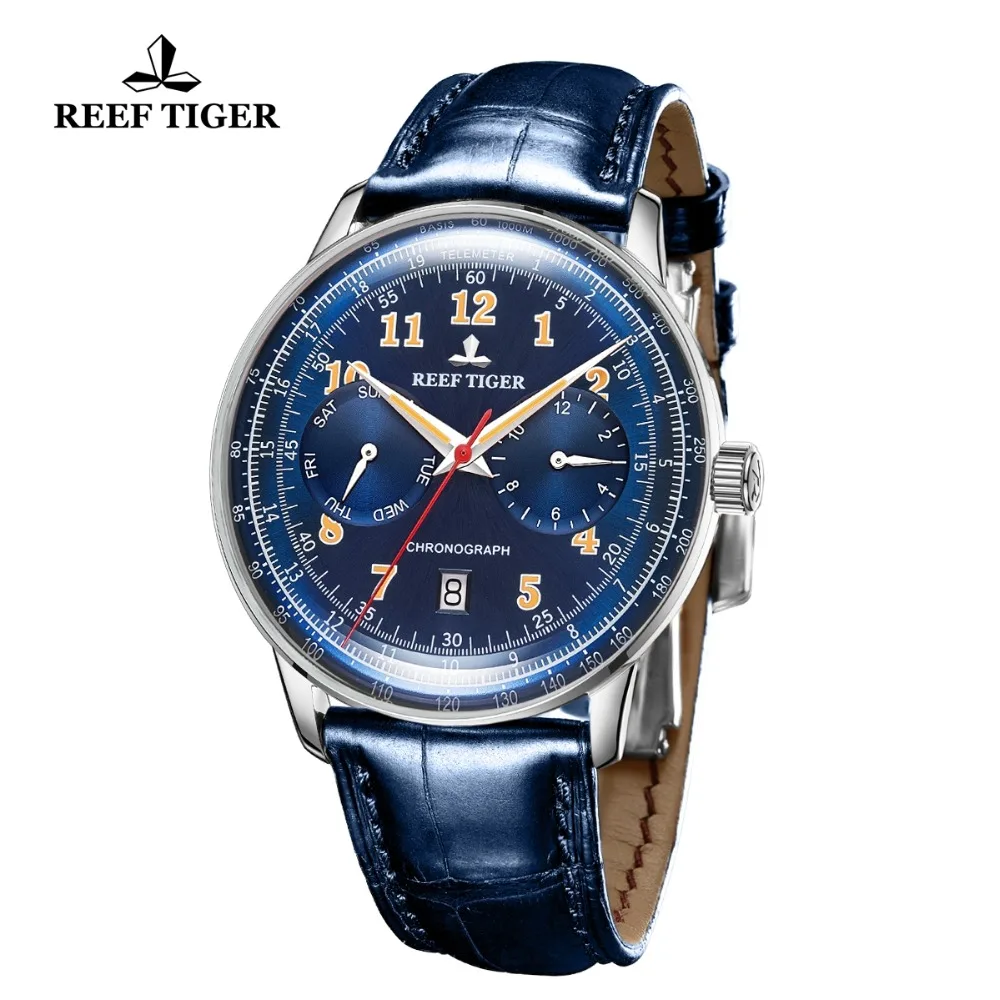 Мужские наручные часы Reef Tiger/RT синие автоматические пилот Функциональные