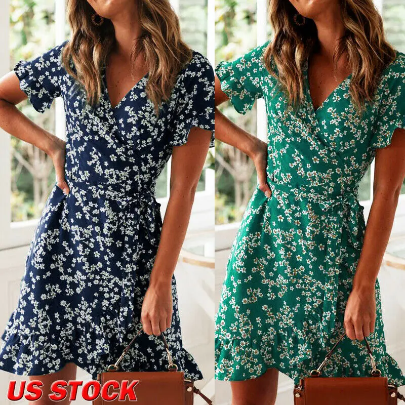 

2019 Summer Women Vintage A-Line Mini Dress Tunic Long Ruffle Short Sleeve Floral Print Sundress