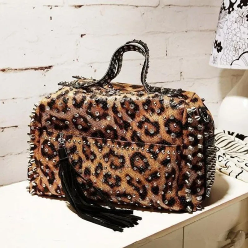 Весенняя модная винтажная леопардовая Сумочка, стразы, наплечная сумка с заклепками, Женская Повседневная сумка через плечо