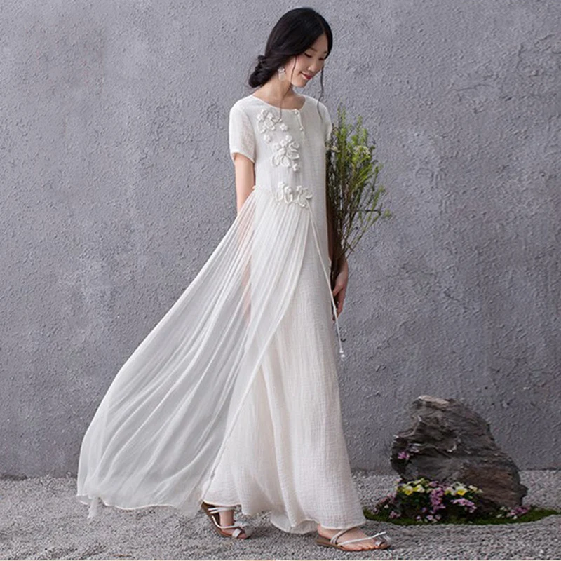 

2017 New Summer Dress Women Plus Size Maxi Dresses Embroidery Vintage Short Sleeve Vestidos Linen Cotton Dress Long Robe SF051