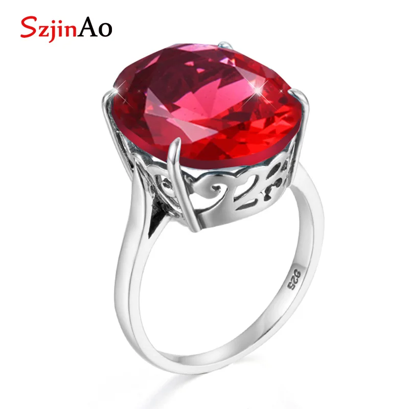 

SzjinAo July Birthstone Big Ruby Rings for Women Luxury Solid 925 Sterling Silver Fashion Engagement Jewelry Factory Wholesale