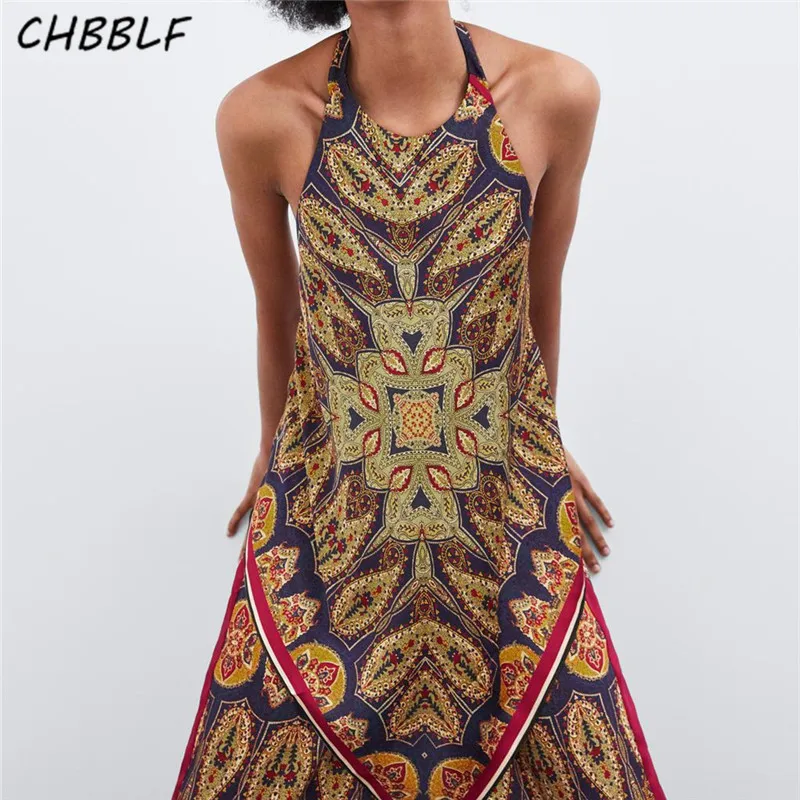 

CHBBLF women stylish print halter backless blouse sleeveless back bow tie irregular shirts sexy female summer chic tops POP1957