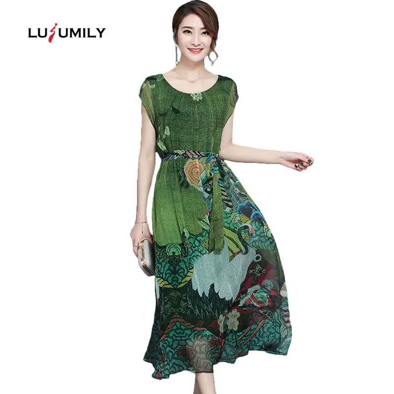 

Lusumily Spring Summer Green Vintage Floral Print Dress Women O-Neck Short Sleeve Silk Femme Dresses Sashes Vestidos Big Size 5X