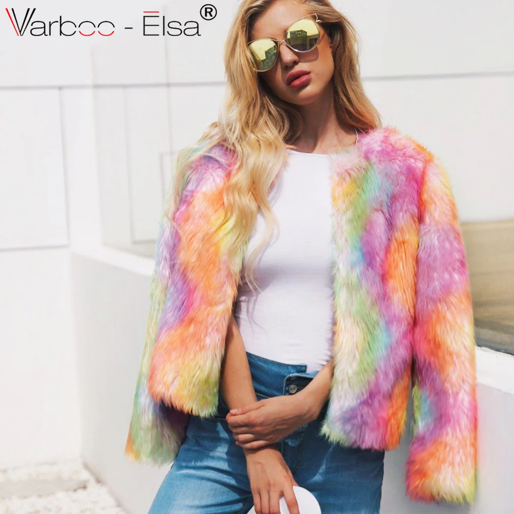VARBOO_ELSA Women Elegant Fur Coats Colorful Faux Fur Coat Multicolor ...