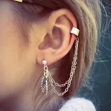 Chic Punk Gold Silver Dangle Ear Cuff Clip Stud Wrap Earring with Chain for Women chic feather shape cuff ring for women