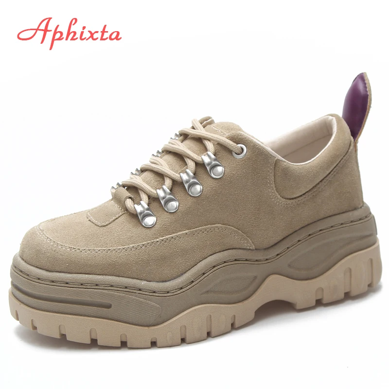 Acheter Aphixta Plate Forme Chaussures Femmes Cheville Bottes Croix cravate Dentelle up Haute Qualité Hauteur Augmentation Lady Chaussures En Daim De Mode martin Bottes