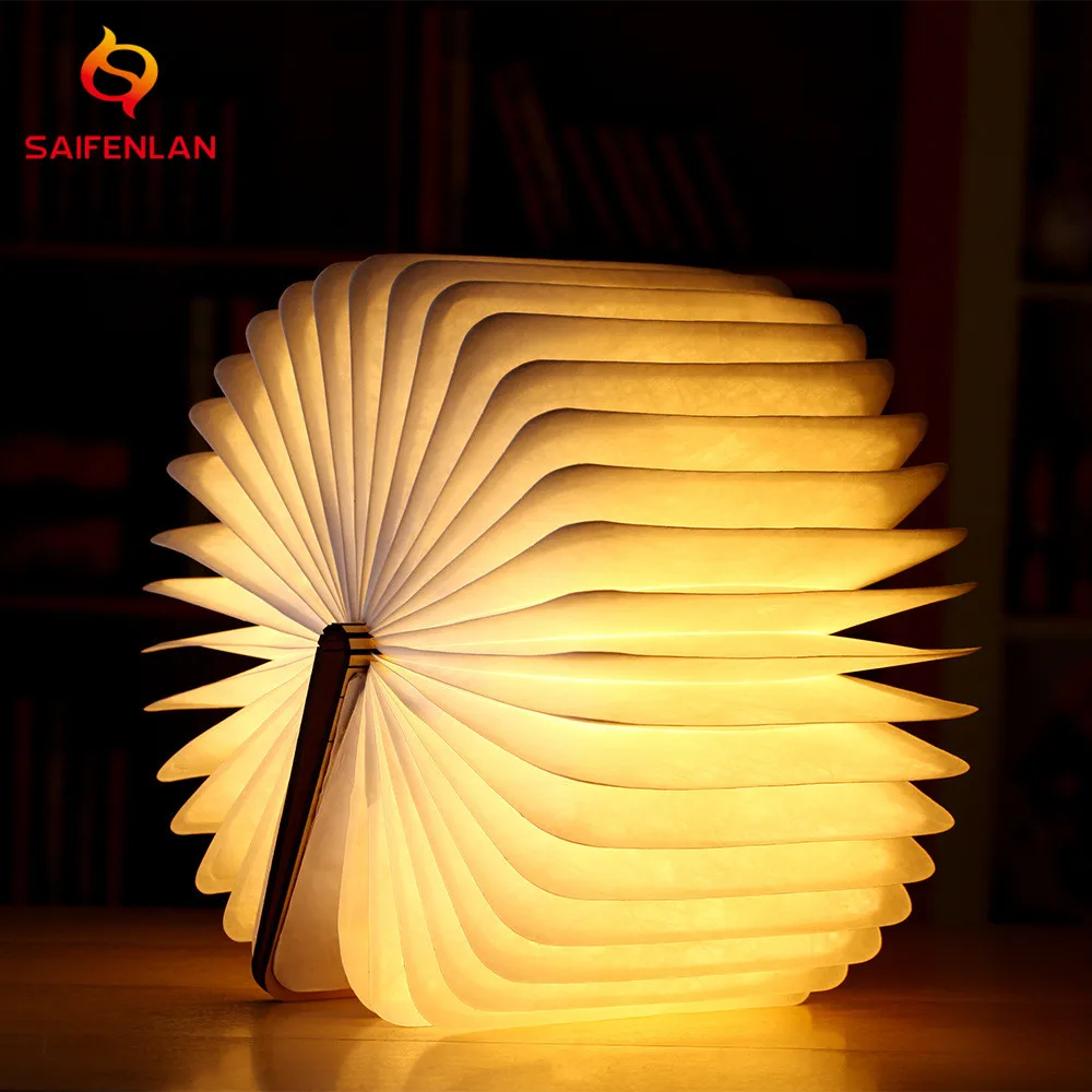

USB Rechargeable Led Light Book Foldable Lamp Wooden/Leather Night Lights Novelty Valentine Birthday Gifts for Kids Friends