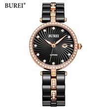 BUREI Ultra Slim Top Brand Woman watches Fashion Ladies Crystal Clock Black Ceramics Gold Luxury Women Rhinestone Diamond Watch