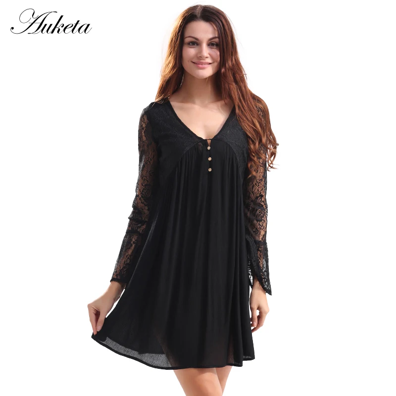 Auketa Lace Patchwork Deep V neck See Through Summer Dresses Women
