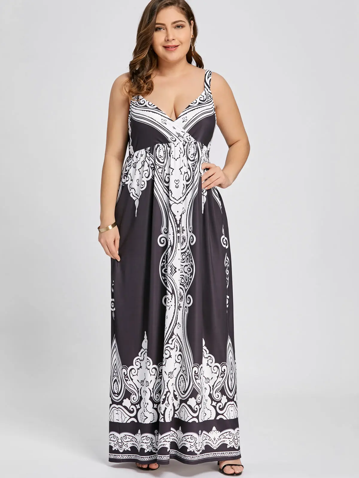 

ROSEGAL Plus Size 5XL Arab Print Spaghetti Strap Boho Maxi Long Dress Women Big Size Sleeveless Ethnic Beach 2018 Summer Dress