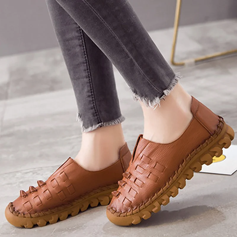 

Shoes woman 2019 fashion round toe casual slip-on shoes for women loafers Weave breathable flats genuine leather shoes