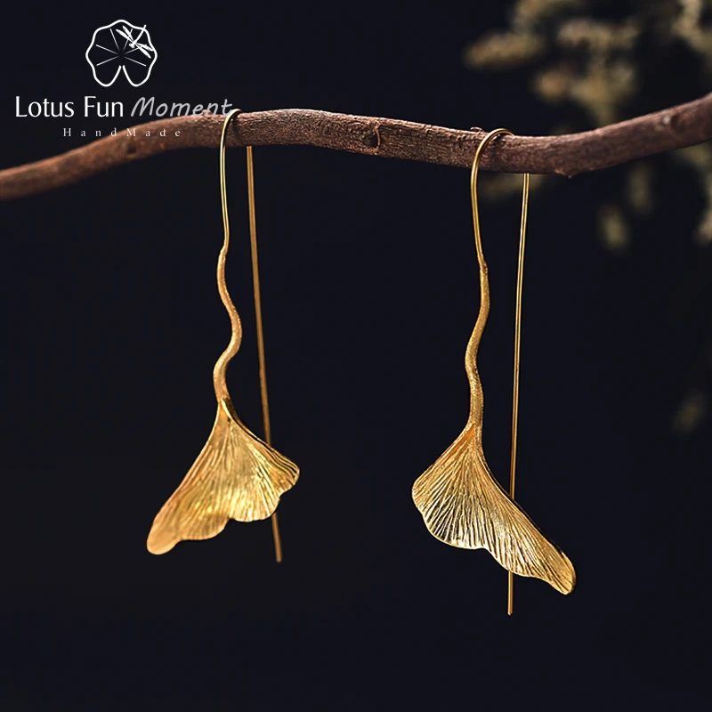 

Lotus Fun Moment Real 925 Sterling Silver Long Dangle Earrings Fashion Jewelry Vintage Gold Ginkgo Leaf Drop Earrings for Women