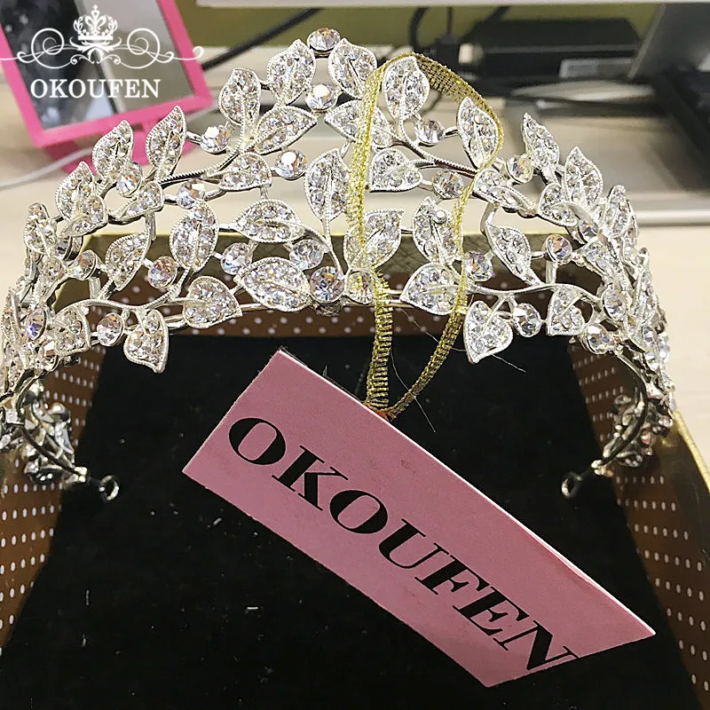 Okoufen реальные фотографии со стразами короны и диадемы Для женщин 2018 листья Ювелирные изделия из кристаллов волос заставки свадебное платье