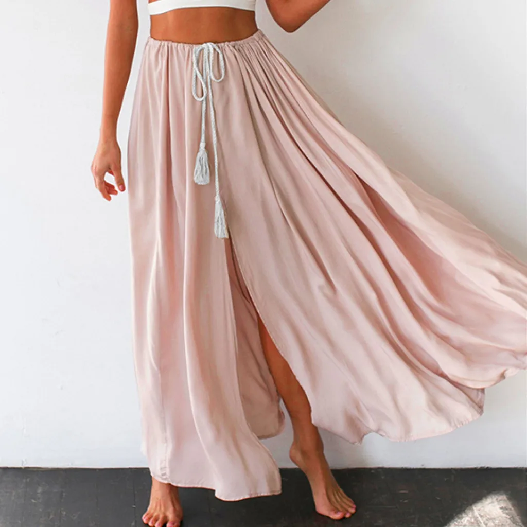 MISSOMO, женская шифоновая длинная юбка макси в стиле бохо, Женская однотонная пляжная юбка, плиссированная, на шнуровке, с разрезом, длинная юбка, jupe femme - Цвет: PK