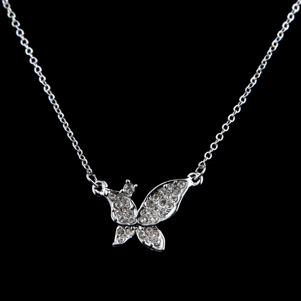Trendy Cute Silver Plated Butterfly Chain Pendant Necklace Crystal