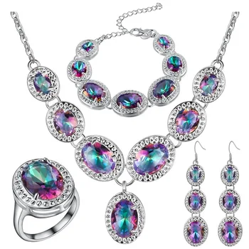 

2016 sterling-silver-jewelryy Sets Luxury Rainbow Crystal Jewelry Sets 925 Sliver Earrings/Pendant/Necklace/Bracelet