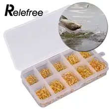 Relefree 600 шт. рыболовные крючки с отверстием, коробка для рыболовных снастей, 10 размеров, крючки из углеродистой стали, Золотые рыболовные крючки