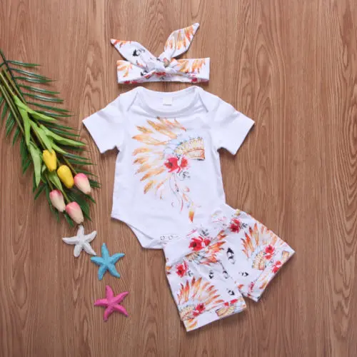 

Fashion Newborn Toddler Baby Boy Girl Bodysuits Outfits Clothes Summer Headband Tops+Pants 3Pcs Sets 0-24M