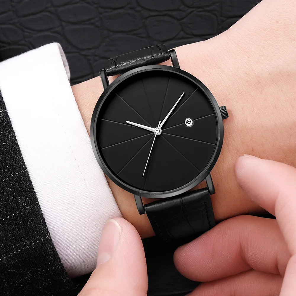 

Saatleri Luxury Faux Leather Mens Blue Ray Glass Quartz Analog Watches With Calen mens watches top brand luxury Best Gift