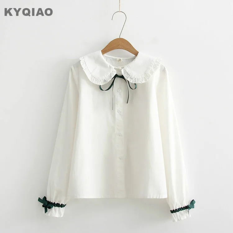 

KYQIAO Sweet Lolita shirt mori girls autumn winter Japanese style fresh kawaii long sleeve peter pan collar bowknot white blouse