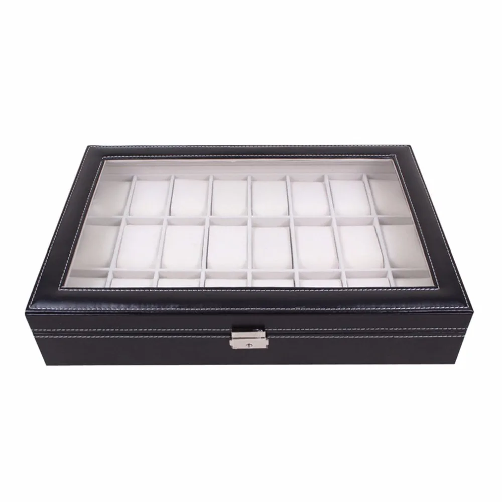 24 Grid Watch Box Case Holder Glass Pillow Organizer Classical Black Leather Wristwatch Storage Case Foam Pillow Transparent