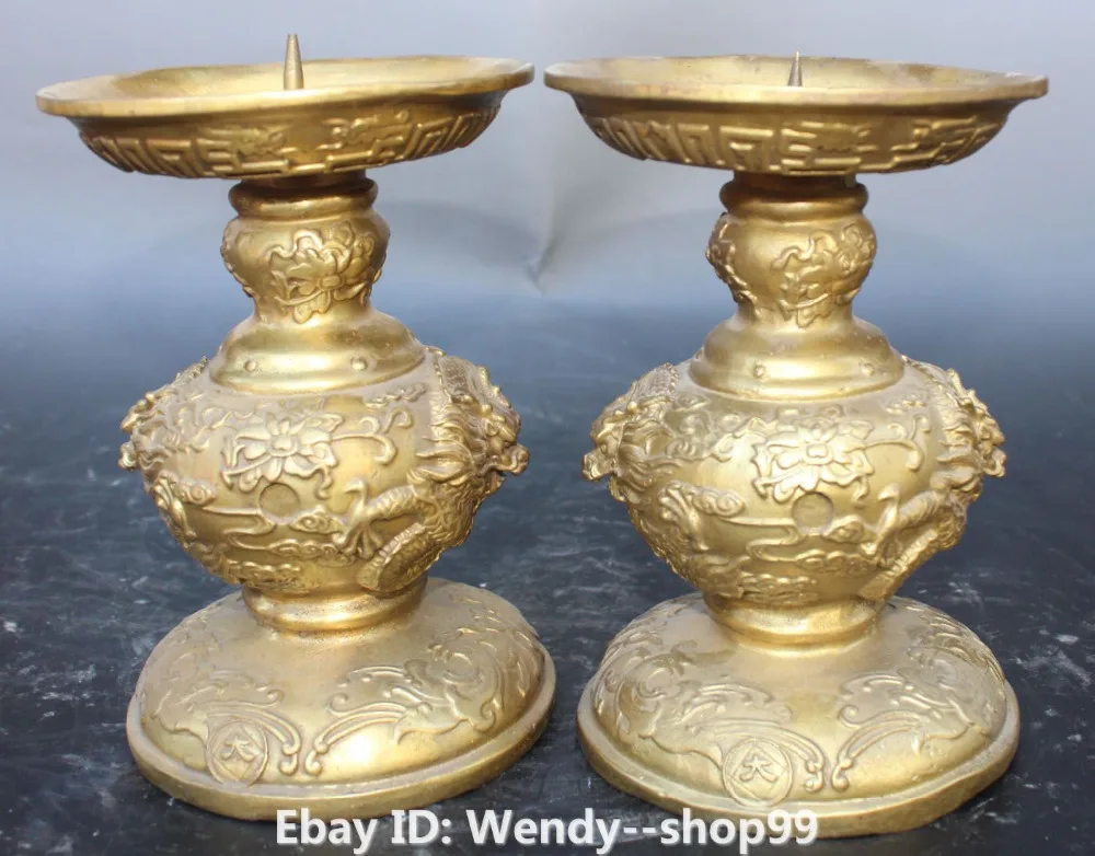 

7" Chinese Bronze Flower Animal Dragon Candle Stick Oil Lamp Candleholder Statue Garden Decoration Brass Bronze