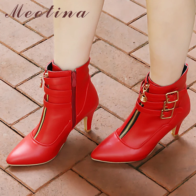 Meotina/обувь женские ботинки осенние ботильоны на высоком каблуке женские ботинки с острым носком и пряжкой Дамская обувь на молнии белый цвет, большие размеры 44, 45, 11