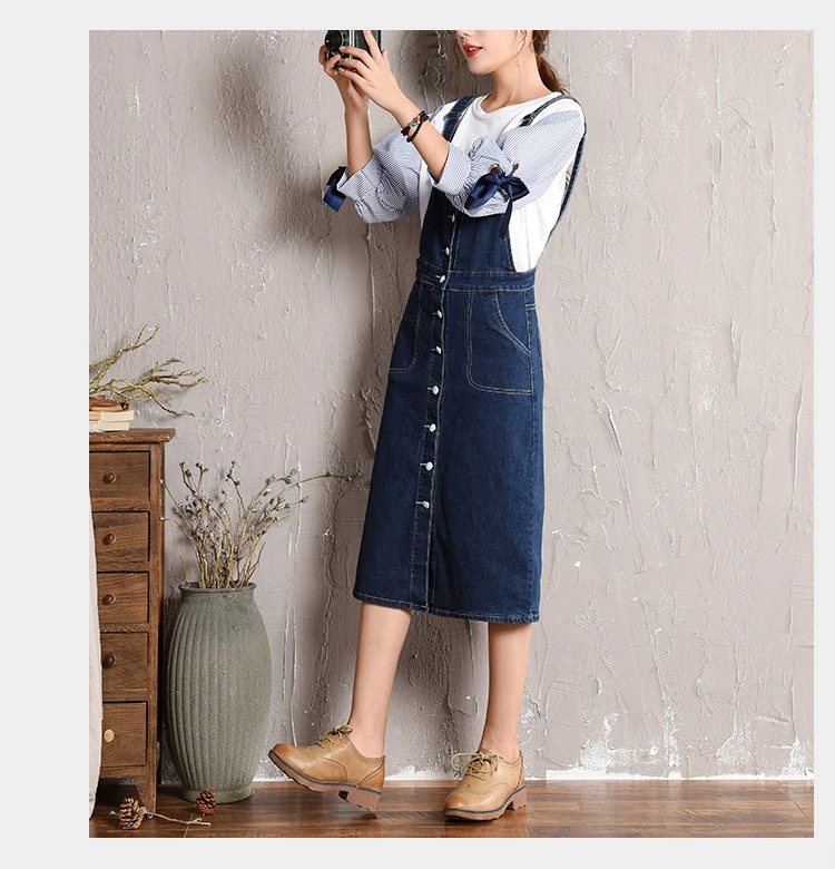 Large size strap dress women's 2018 autumn new Korean skirt denim dress light student long skirt (9)