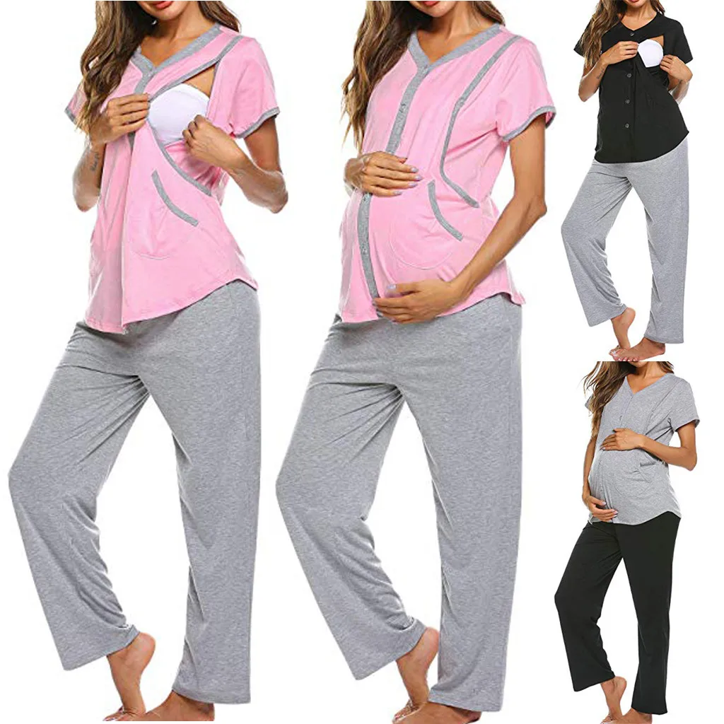 Женский короткий однотонный комплект для беременных и кормящих, топы, штаны, сорочка для беременных, Пижама для беременных, пижамы