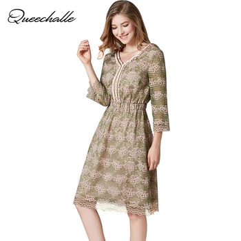 

Queechalle 2020 Autumn Dress Lace V neck Slim Waist A-line Dresses Women's Hollow Out Vintage Party Evening Dress Plus Size 5xl