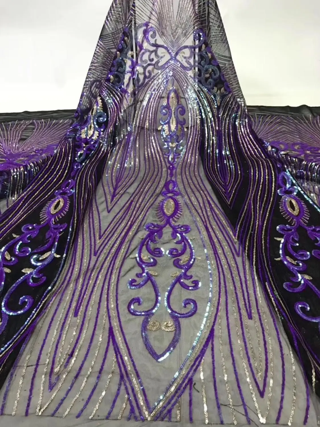 

French lace fabric 5yds/pce heavy purple sequins embroidery mesh fabrics women gorgeous luxury party event bright asoebi dress