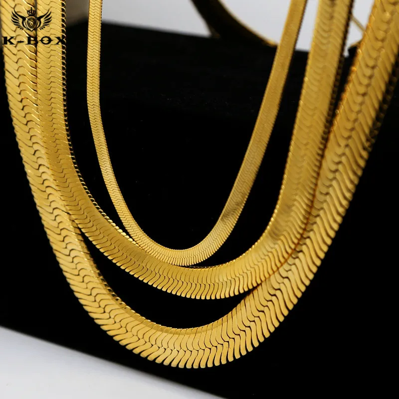 Mens 4 to 14mm 24K Golden Flat Herringbone Necklace Lobster Clasp 20