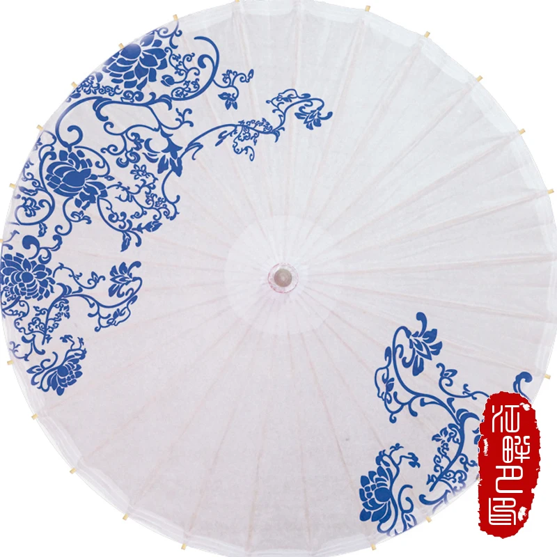 

JPY Vintage Chinese Blue Paper Parasol Umbrella Paper Umbrella Decor Floral Vintage Umbrella with Flowers Pattern